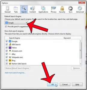 confirm the search engine, then click OK