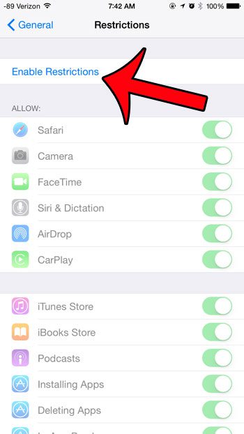 tap the enable restrictions button
