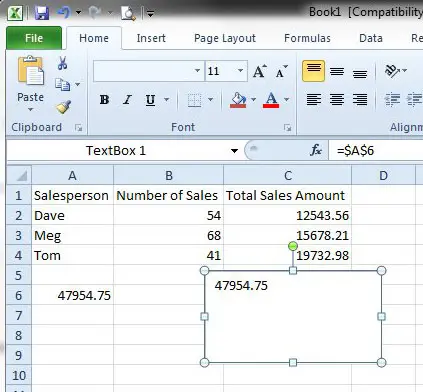 text box displaying formula value