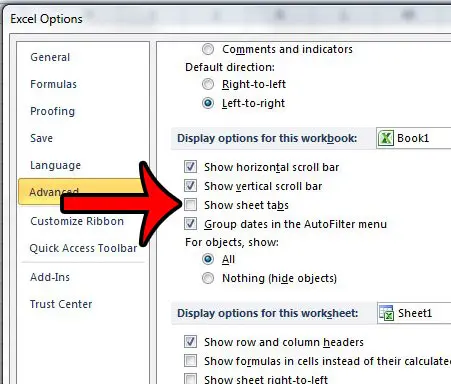 uncheck the show sheet tabs option