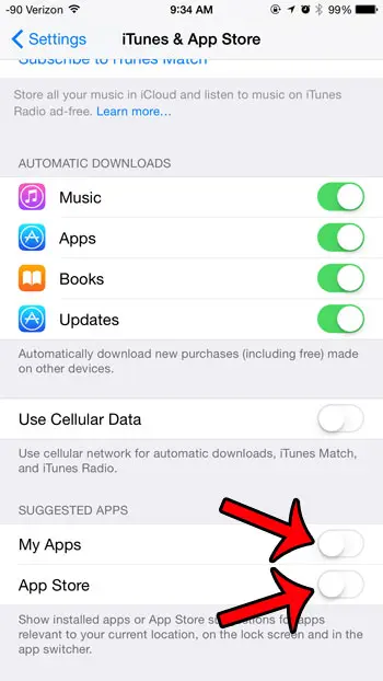 turn off my apps and app store under suggested apps