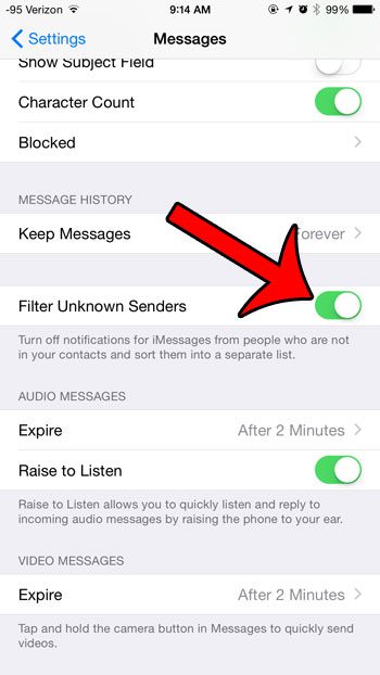 turn on the filter unknown senders option