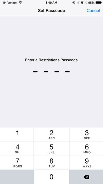 enter a passcode for restrictions