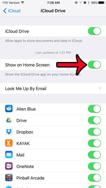 turn on the show on home screen option