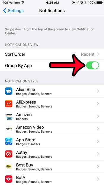 turn off group by app setting