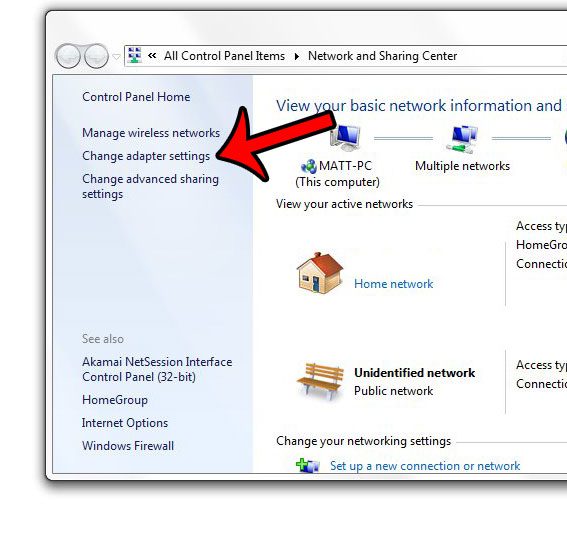 click the change adapter settings link