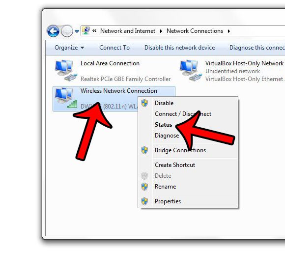 right-click wireless network connection, then click status