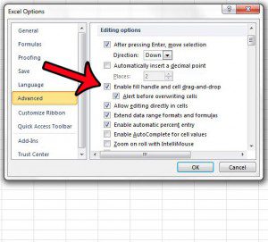 turn the fill handle option on or off