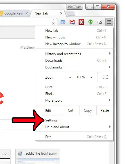 click settings from the google chrome menu