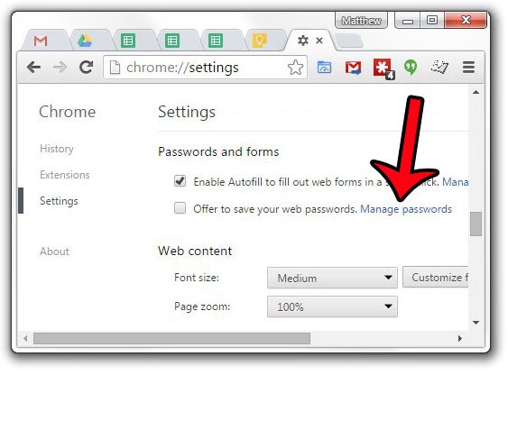 click manage password link in google chrome settings menu to view my passwords list