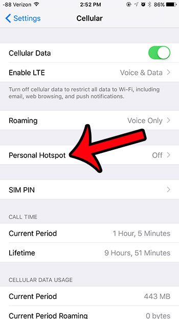 select personal hotspot