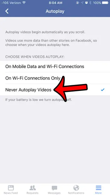 select the never autoplay videos option