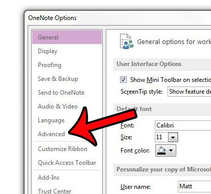 click advanced tab in onenote options window