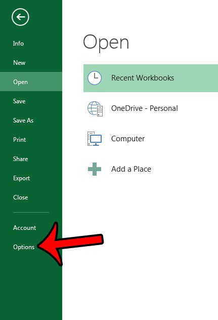 open excel options window