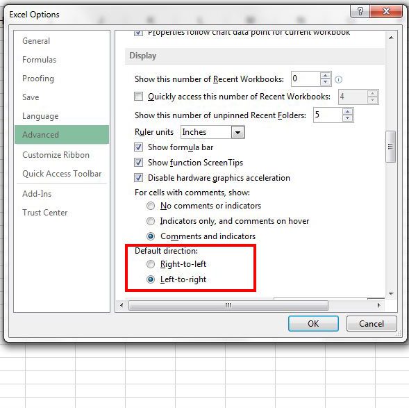 change worksheet direction in excel 2013