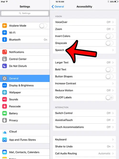 open ipad speech menu