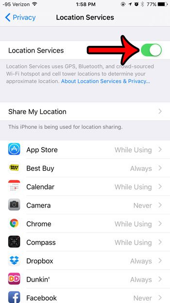 tap the button to the right of location services