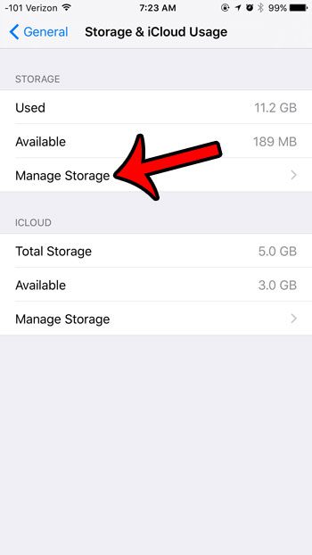 tap the manage storage button