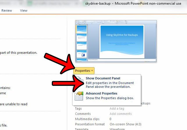 click properties, then click show document panel