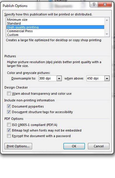 specify the settings for the pdf file