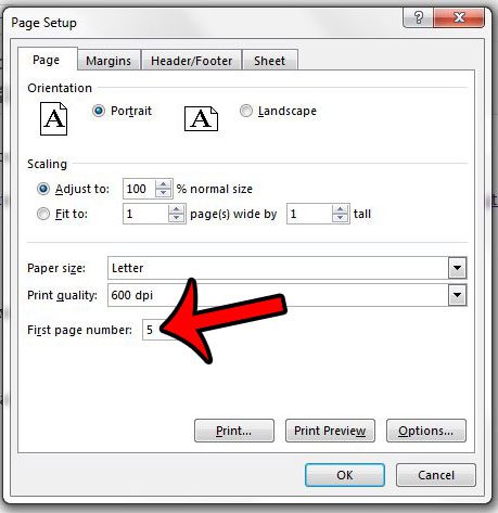 change the starting page number in excel 2013