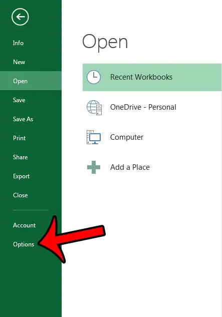 open the excel options window