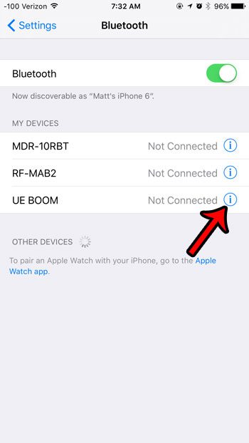 tap the i button next to bluetooth device