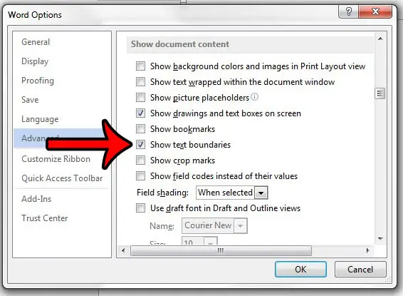 how to show text boundaries in word 2013