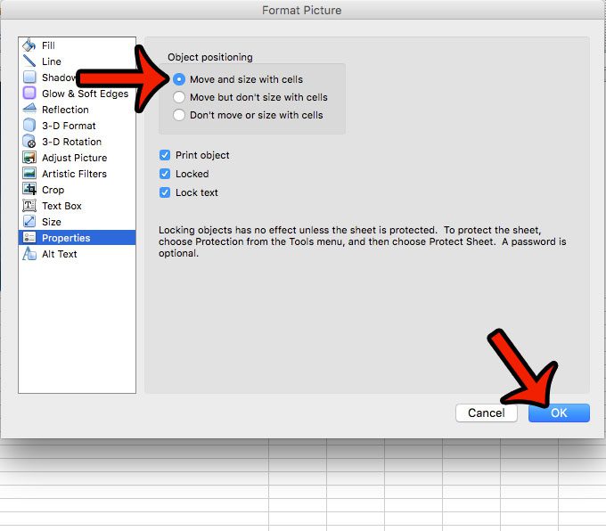 lock picture to cell in excel 2011