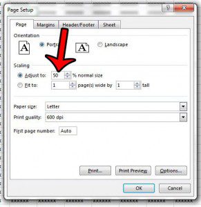 print at 50 percent in excel 2013