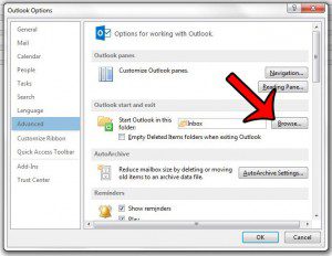 how to change default startup folder outlook 2013