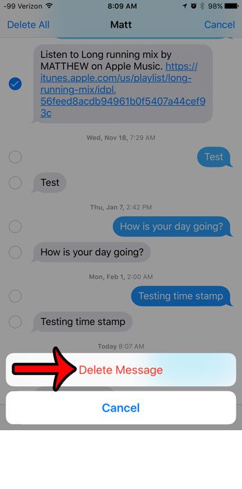 how to delete single text message on iphone
