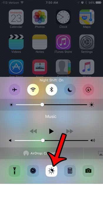 turn on night shift in control center