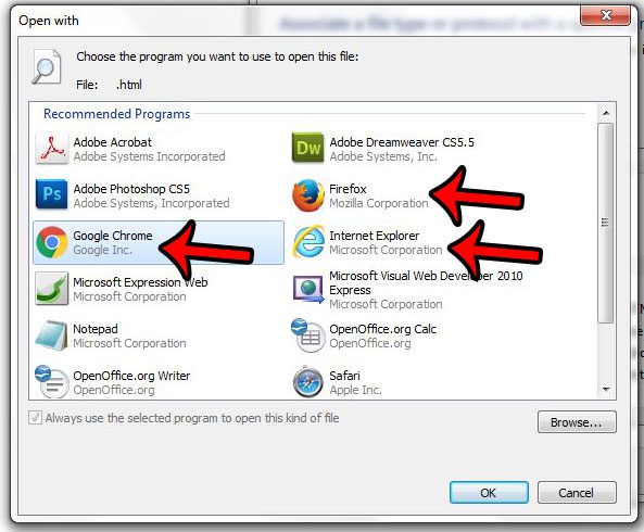select the program to use to open html files