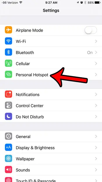 select personal hotspot