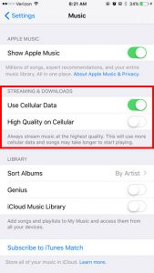 turn off cellular data for music app