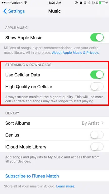 turn off cellular data for music app