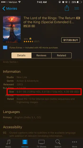 find the itunes movie file size on an iphone
