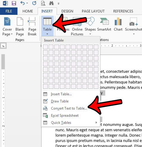 click table, then convert text to table