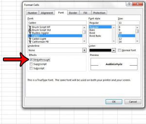 how to get crossed out text in excel 2013