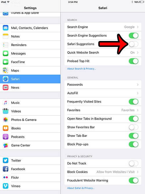 disable ipad safari suggestions