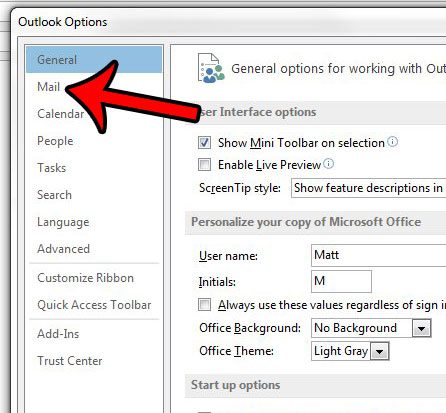 click the mail tab in the outlook options window