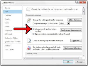 how to do an automatic spell check in outlook 2013