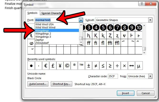 find the word 2013 check mark in the wingdings font