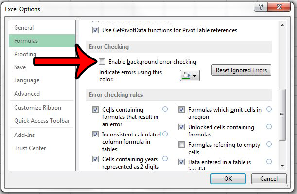 shut off excel 2013 error checking