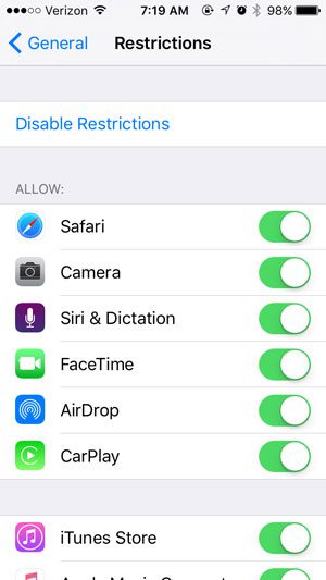 use restrictions on an iphone