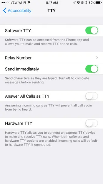 how to enable or disable the TTY iPhone features