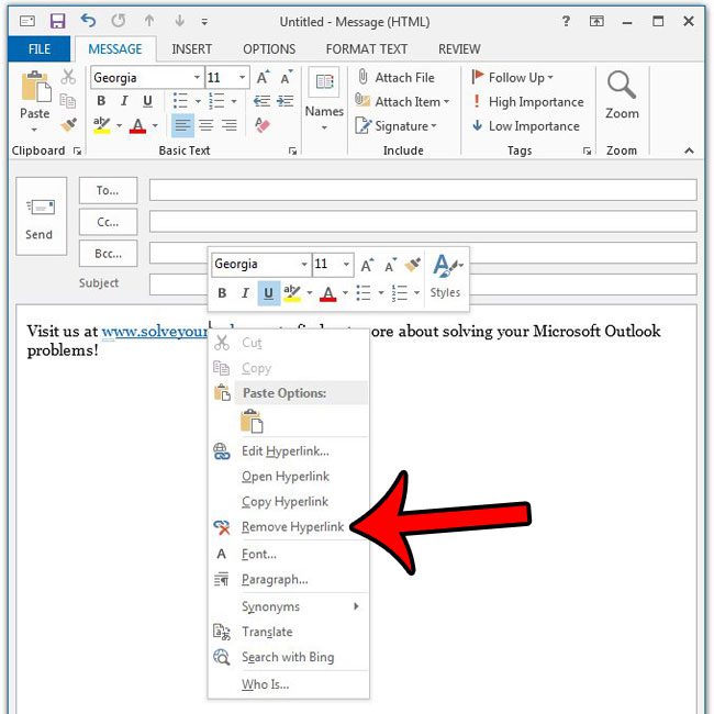 how to remove a hyperlink in outlook 2013