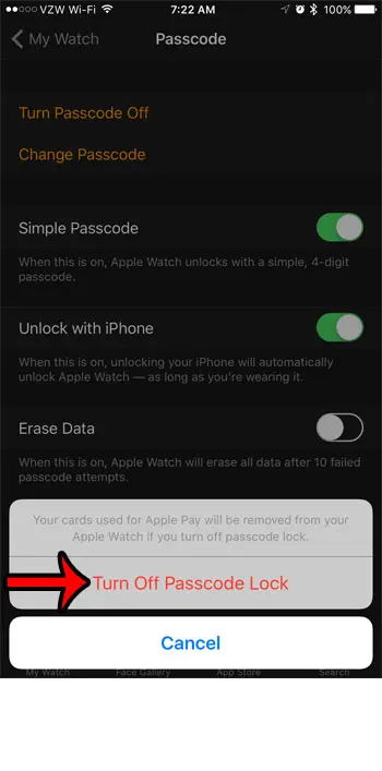 tap the turn off passcode button