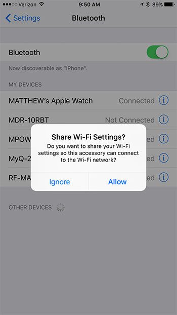 share wi-fi settings with myq garage